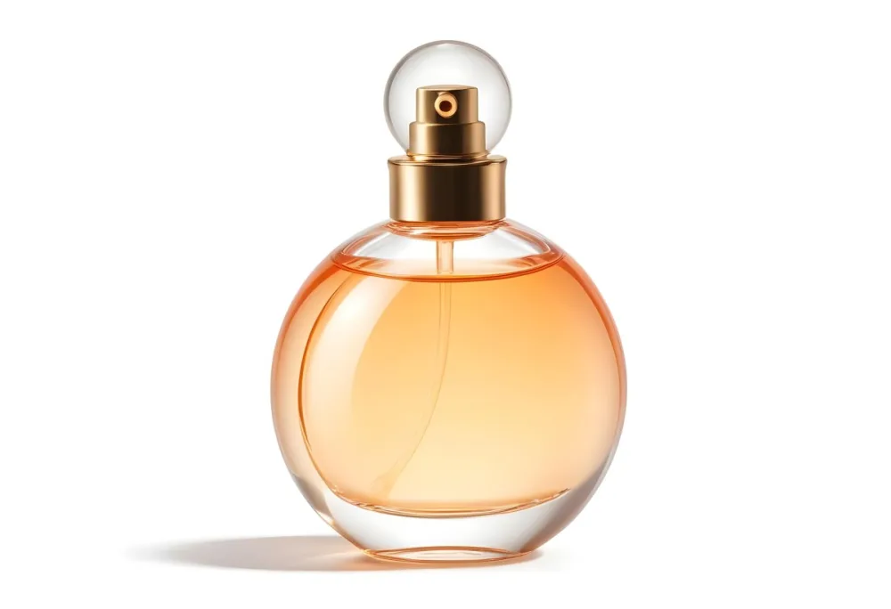 A Perfume Bottle With A Round Body And A Spherical Cap Filled With A Light Orange Liquid On A White Background 25 2465