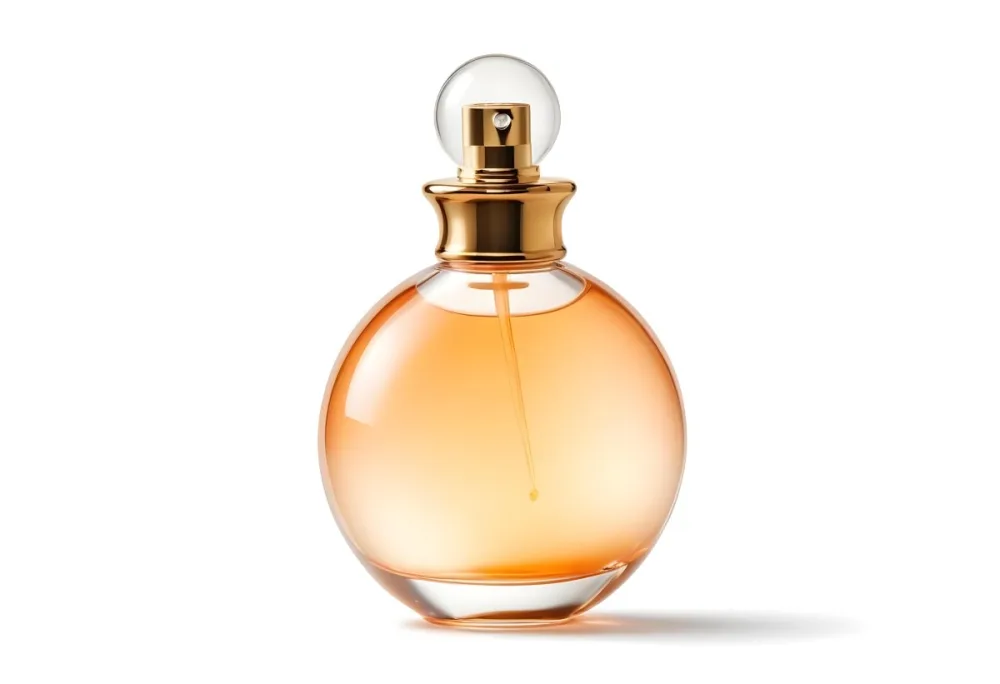A Perfume Bottle With A Round Body And A Spherical Cap Filled With A Light Orange Liquid On A White Background 29 E8ff