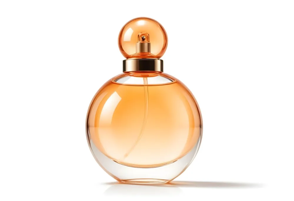 A Perfume Bottle With A Round Body And A Spherical Cap Filled With A Light Orange Liquid On A White Background 34 4492