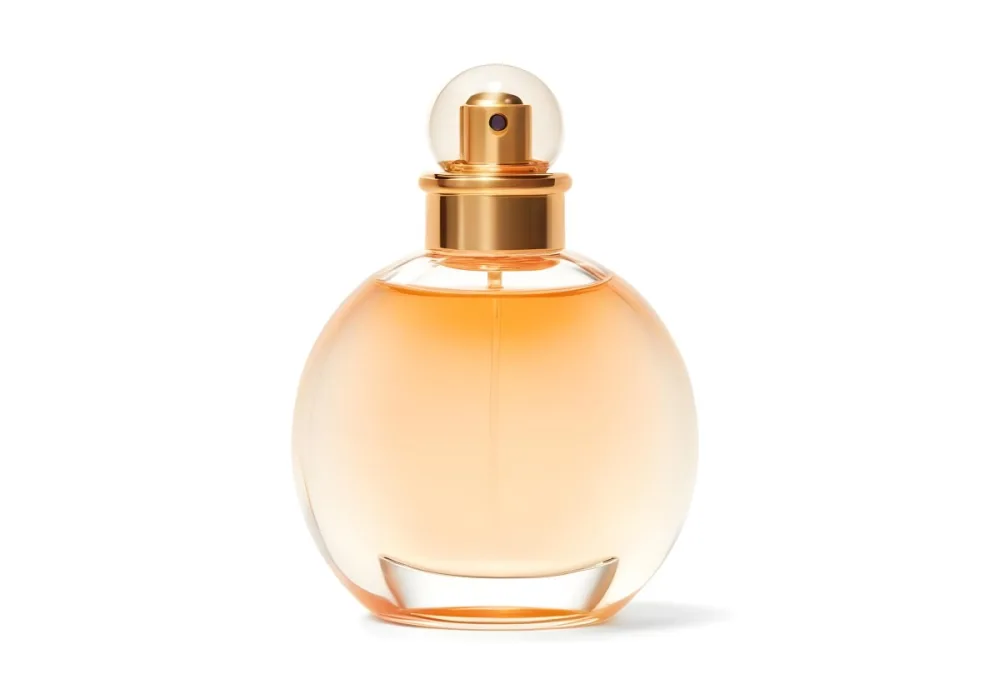 A Perfume Bottle With A Round Body And A Spherical Cap Filled With A Light Orange Liquid On A White Background 5 4e93
