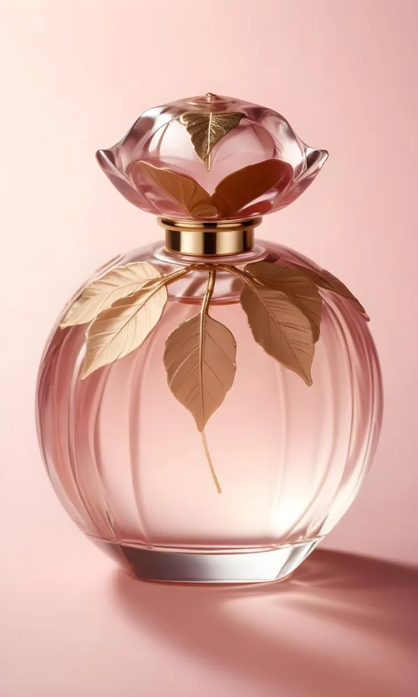 A Perfume Bottle With A Round Cap And Gold Leaves The Bottle Is Round And Made Of Glass Light Pink Background 1 Ea41