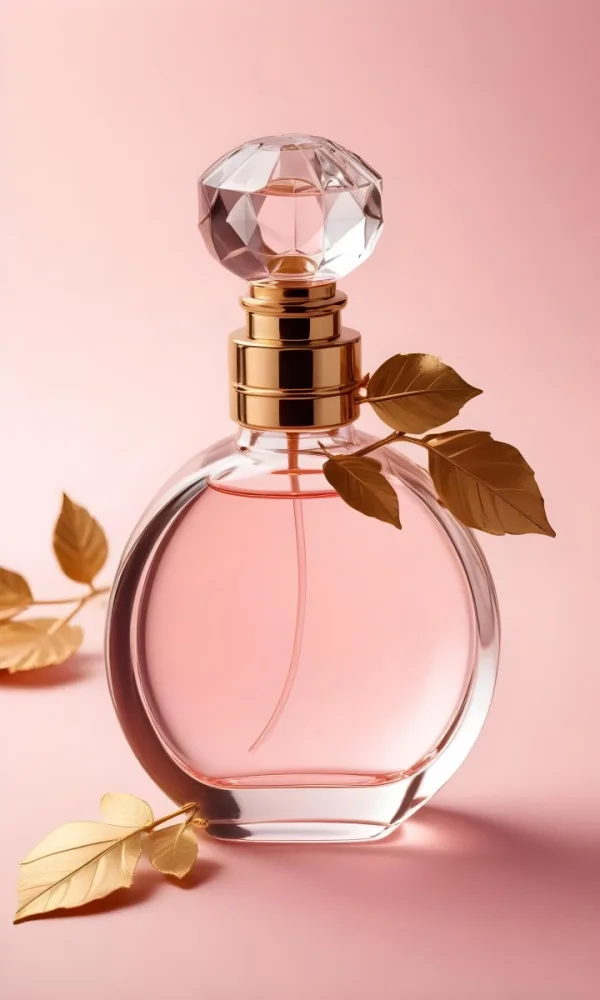 A Perfume Bottle With A Round Cap And Gold Leaves The Bottle Is Round And Made Of Glass Light Pink Background 10 Bc35