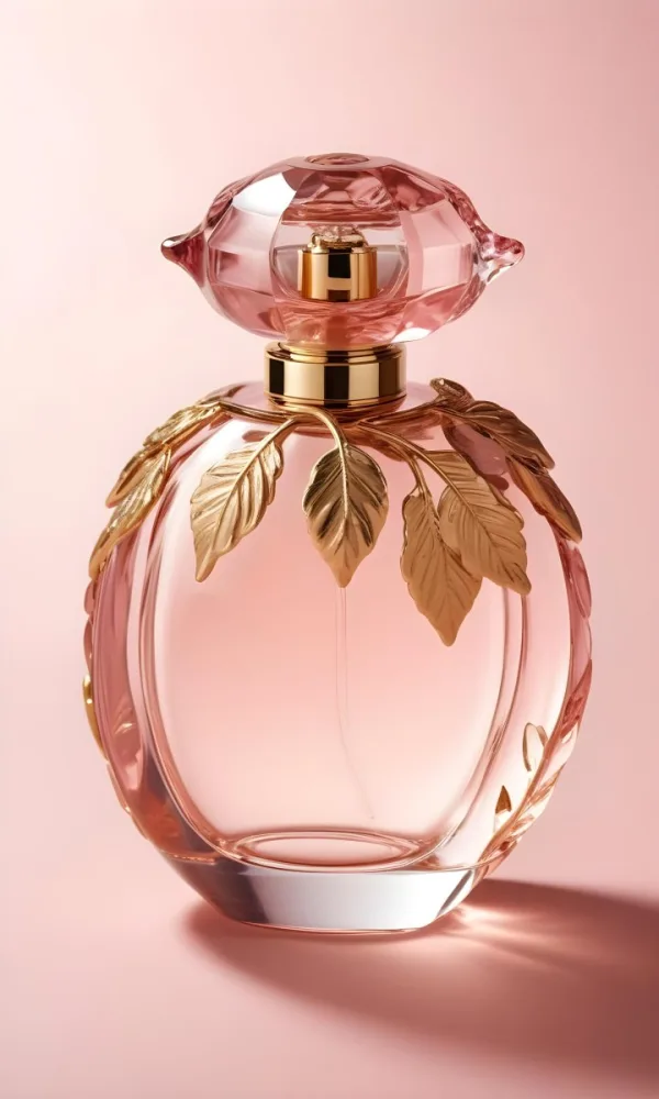 A Perfume Bottle With A Round Cap And Gold Leaves The Bottle Is Round And Made Of Glass Light Pink Background 13 8e83