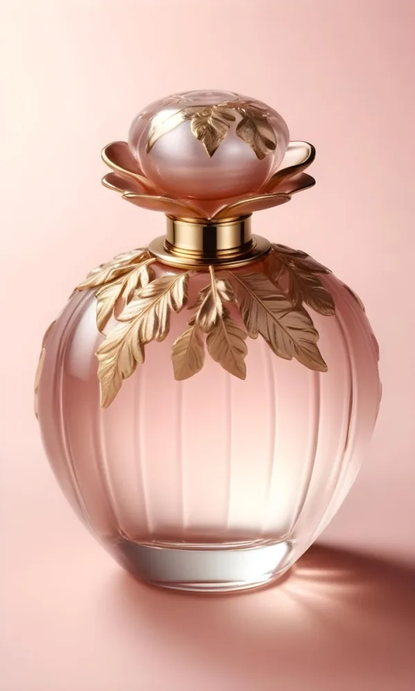 A Perfume Bottle With A Round Cap And Gold Leaves The Bottle Is Round And Made Of Glass Light Pink Background 19 F56f