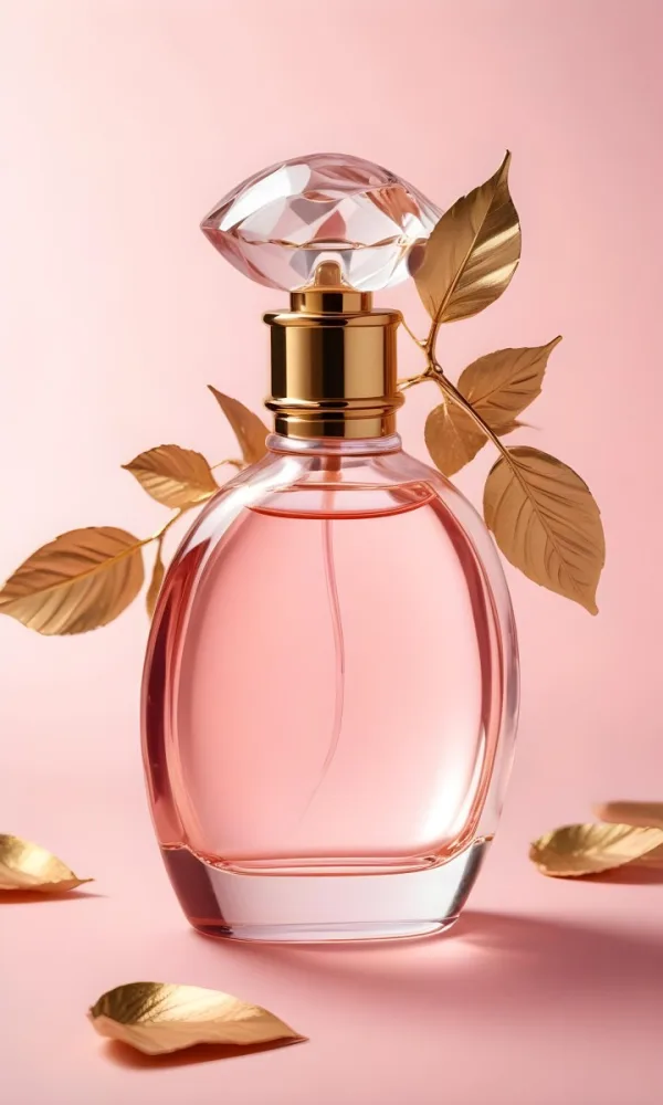 A Perfume Bottle With A Round Cap And Gold Leaves The Bottle Is Round And Made Of Glass Light Pink Background 26 Fb47