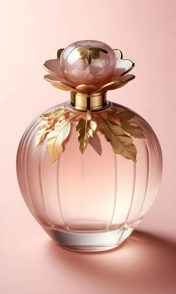 A Perfume Bottle With A Round Cap And Gold Leaves The Bottle Is Round And Made Of Glass Light Pink Background 31 Dac8