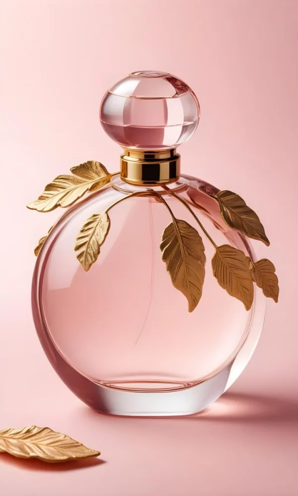 A Perfume Bottle With A Round Cap And Gold Leaves The Bottle Is Round And Made Of Glass Light Pink Background 35 3c38