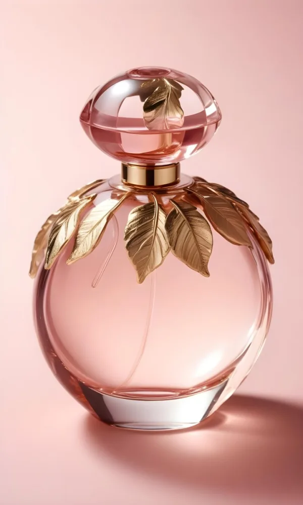A Perfume Bottle With A Round Cap And Gold Leaves The Bottle Is Round And Made Of Glass Light Pink Background 44 2c34