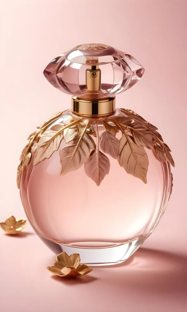 A Perfume Bottle With A Round Cap And Gold Leaves The Bottle Is Round And Made Of Glass Light Pink Background 45 Ed58