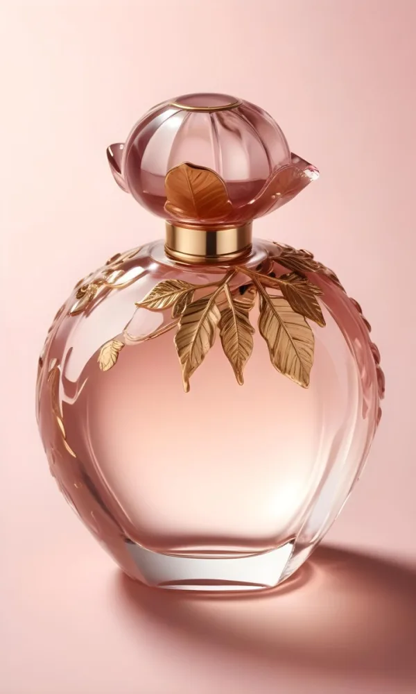 A Perfume Bottle With A Round Cap And Gold Leaves The Bottle Is Round And Made Of Glass Light Pink Background 5 601d