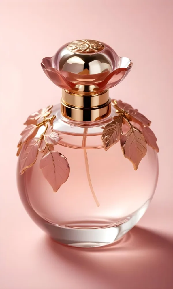 A Perfume Bottle With A Round Cap And Gold Leaves The Bottle Is Round And Made Of Glass Light Pink Background 6 C55e