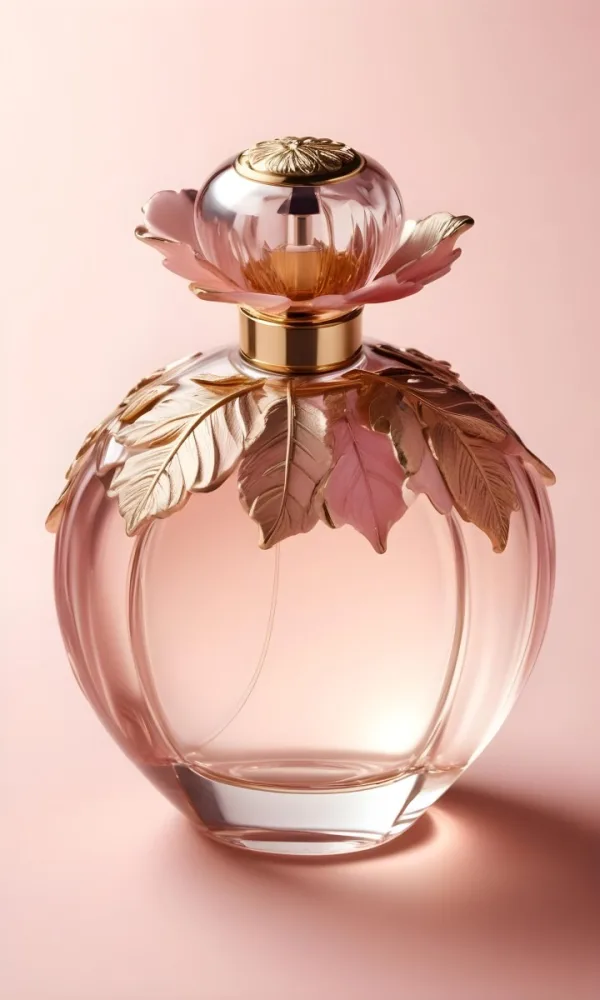 A Perfume Bottle With A Round Cap And Gold Leaves The Bottle Is Round And Made Of Glass Light Pink Background 7 Ee63