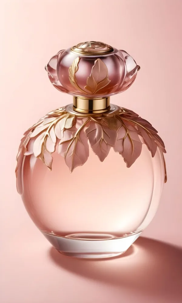 A Perfume Bottle With A Round Cap And Gold Leaves The Bottle Is Round And Made Of Glass Light Pink Background 9 63ee
