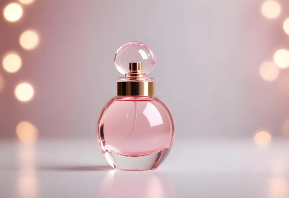 A Perfume Bottle With A Round Shape And A Pink Cap Soft Pink Liquid Inside On A White Surface With Bokeh Lights 11 Fef7