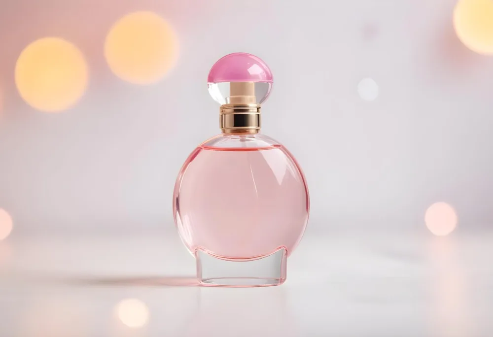 A Perfume Bottle With A Round Shape And A Pink Cap Soft Pink Liquid Inside On A White Surface With Bokeh Lights 36 97fb