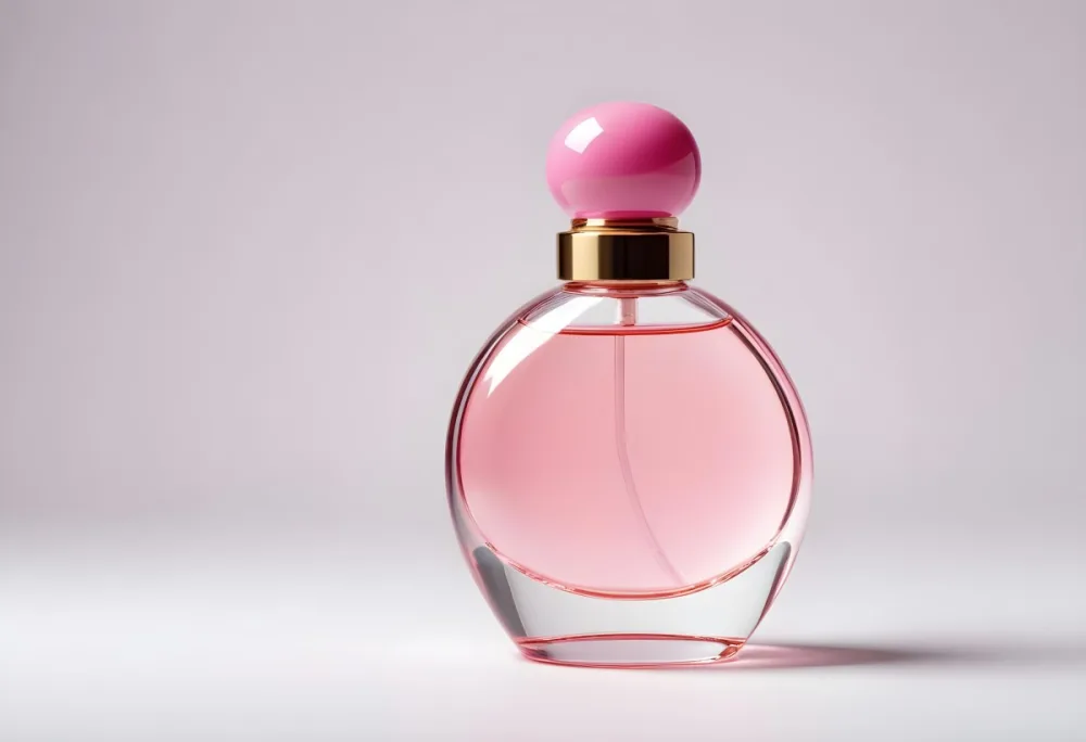 A Perfume Bottle With A Round Shape And A Pink Cap The Liquid Inside Is A Light Pink Color Isolated On A White Background 5 Ab46