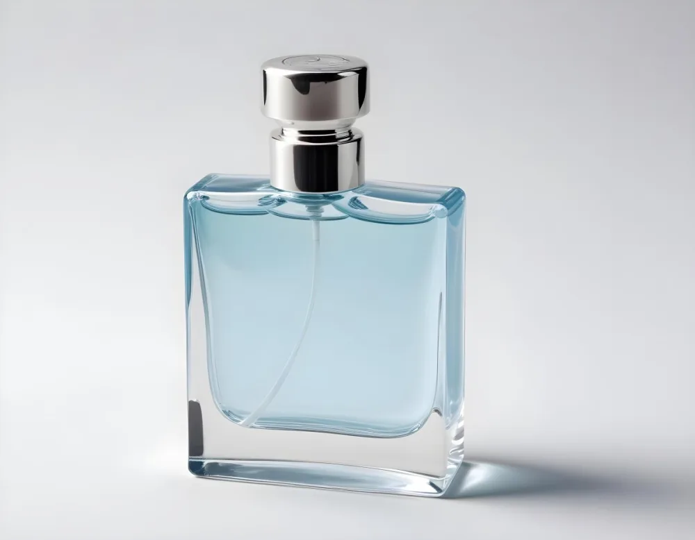 A Perfume Bottle With A Silver Cap And A Transparent Nozzle The Bottle Is Filled With A Light Blue Liquid White Background 26 Bd29