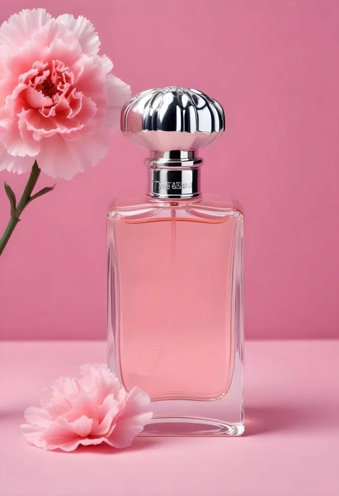 A Perfume Bottle With A Silver Cap And Pink Liquid Next To A Pink Carnation Flower On A Pink Background 20 2c19
