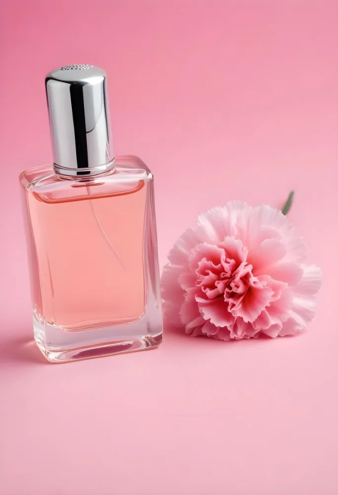 A Perfume Bottle With A Silver Cap And Pink Liquid Next To A Pink Carnation Flower On A Pink Background 21 484e