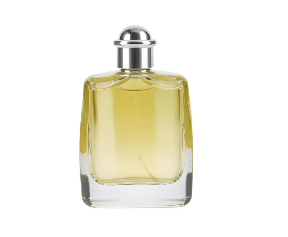 A Perfume Bottle With A Silver Cap Filled With A Yellow Liquid Isolated On A White Background 30 4eb9