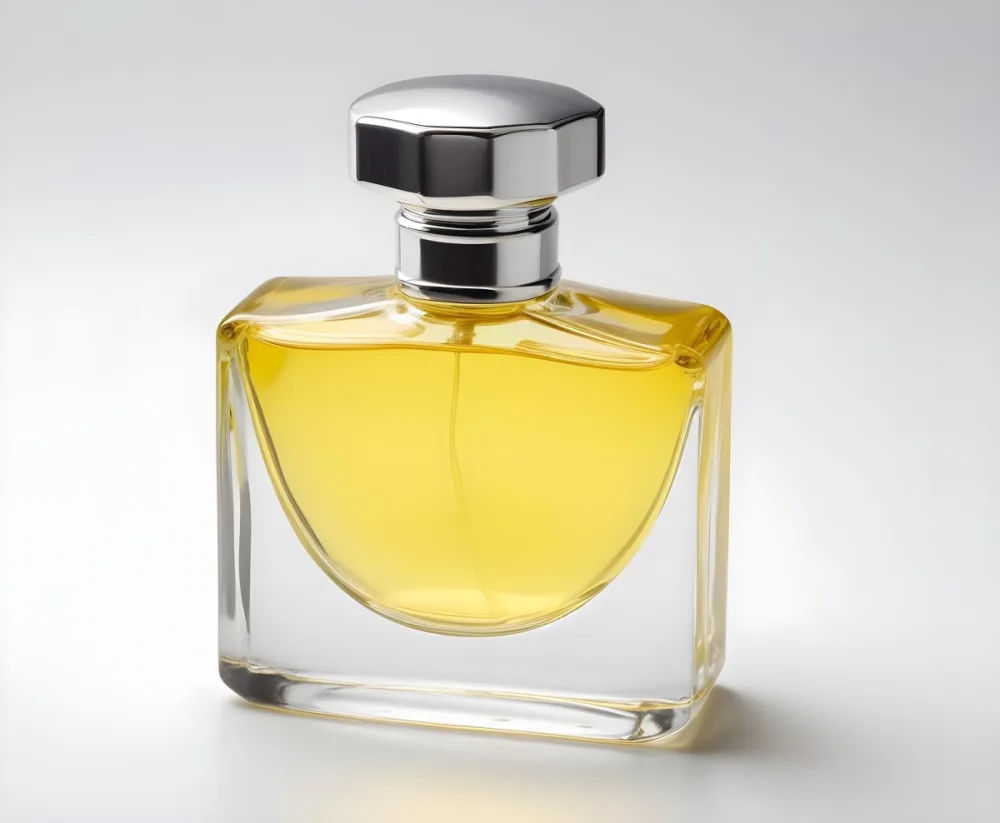 A Perfume Bottle With A Silver Cap Filled With A Yellow Liquid Isolated On A White Background 32 F0b7