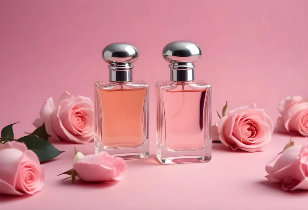 A Perfume Bottle With A Silver Cap Surrounded By Pink Roses And Petals On A Pink Background 42 0f54