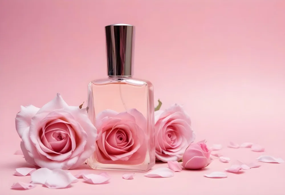A Perfume Bottle With A Silver Cap Surrounded By Pink Roses And Petals On A Pink Background 6 A467