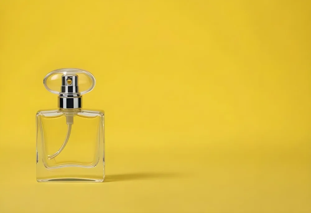 A Perfume Bottle With A Transparent Cap And A Transparent Atomizer On A Yellow Background 11 2fde