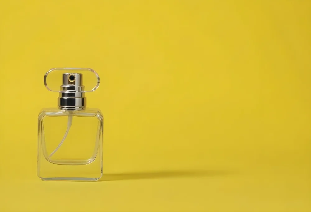 A Perfume Bottle With A Transparent Cap And A Transparent Atomizer On A Yellow Background 17 718d