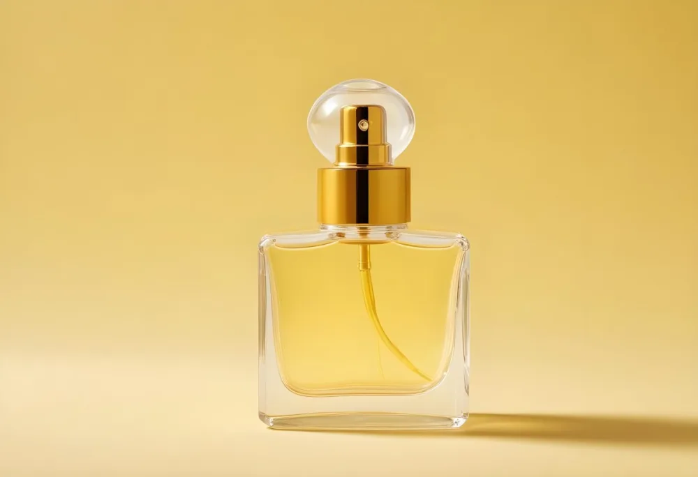 A Perfume Bottle With A Transparent Cap And A Transparent Atomizer On A Yellow Background 28 3948