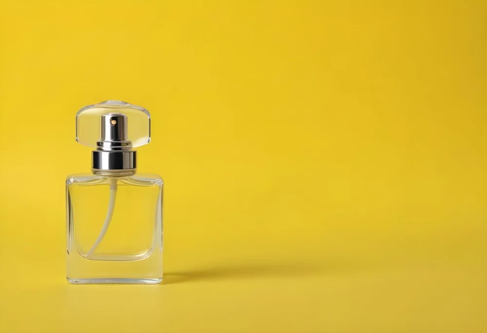 A Perfume Bottle With A Transparent Cap And A Transparent Atomizer On A Yellow Background 38 1886