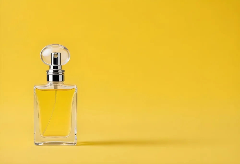 A Perfume Bottle With A Transparent Cap And A Transparent Atomizer On A Yellow Background 43 7b05