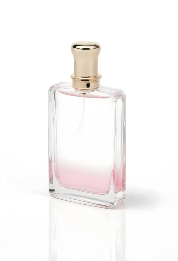 A Perfume Bottle With A Transparent Cap And A Transparent Body Containing A Pink Liquid Isolated On A White Background 7 90d9