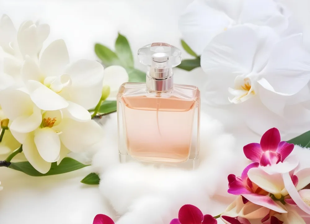 A Perfume Bottle With A Transparent Cap Surrounded By White And Pink Orchids On A White Fluffy Surface Soft Lighting Elegant Presentation Product Photography 35 A0d9
