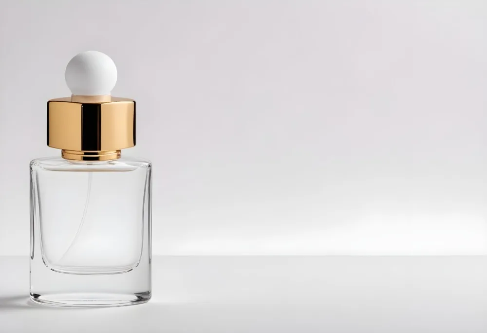 A Perfume Bottle With A White Cap On A White Background The Bottle Is Transparent And Empty Product Photography 14 11e9
