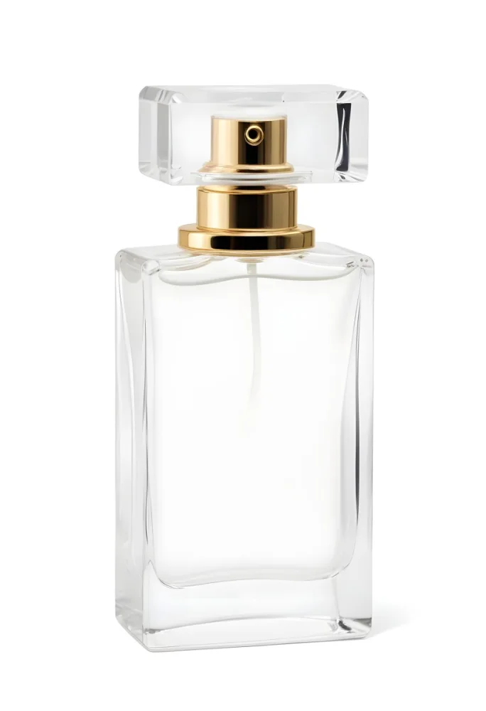 A Perfume Bottle With A White Cap On A White Background The Bottle Is Transparent And Rectangular The Liquid Inside Is White 19 Bcf0