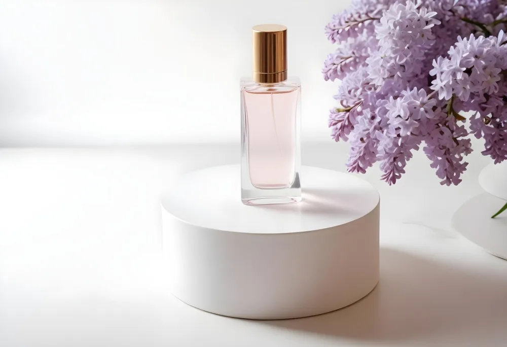A Perfume Bottle With A White Cap On A White Round Pedestal Lilac Flowers In The Background Minimalist Style Soft Lighting Elegant Clean Fresh 16 5e28