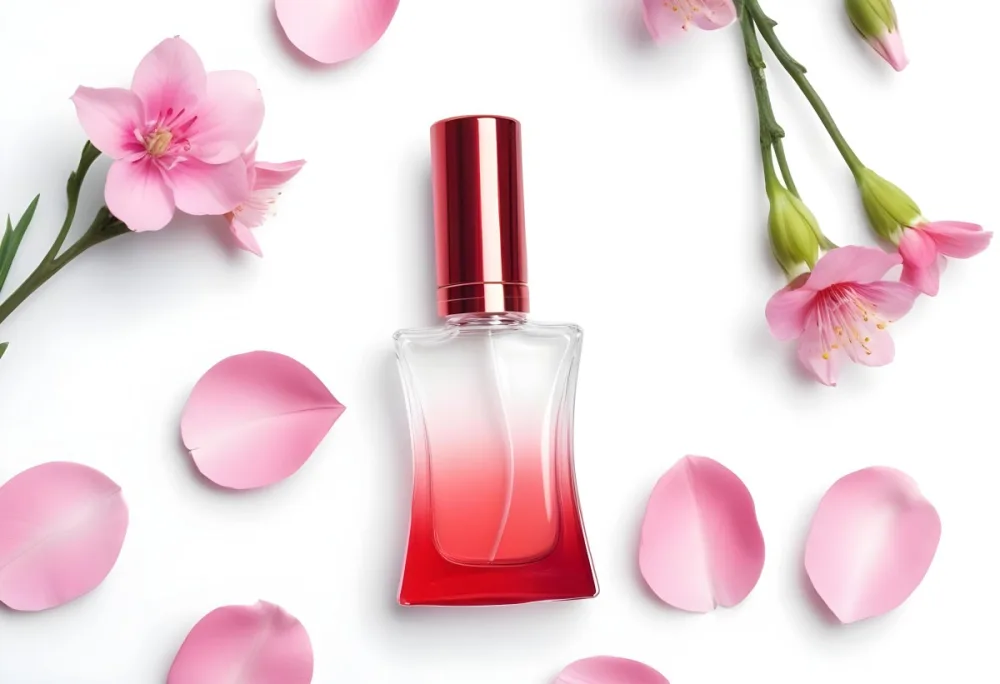 A Perfume Bottle With A White Cap Surrounded By Pink Flowers And Petals On A Red Background 19 67f4