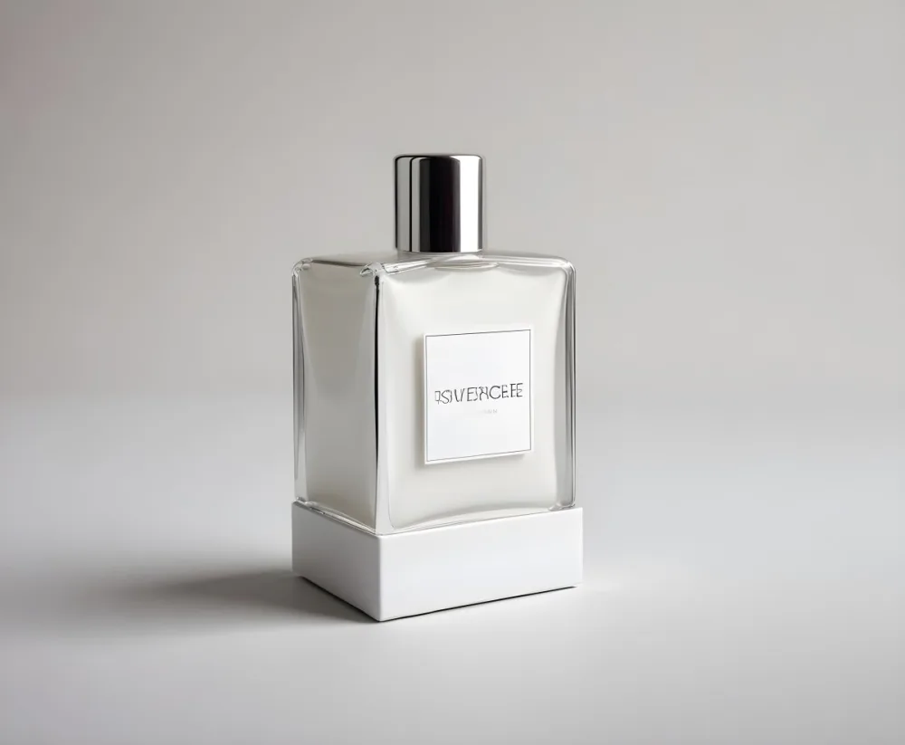 A Perfume Bottle With A White Label On Top Of A White Box Silver Cap Simple Studio Background 15 767f