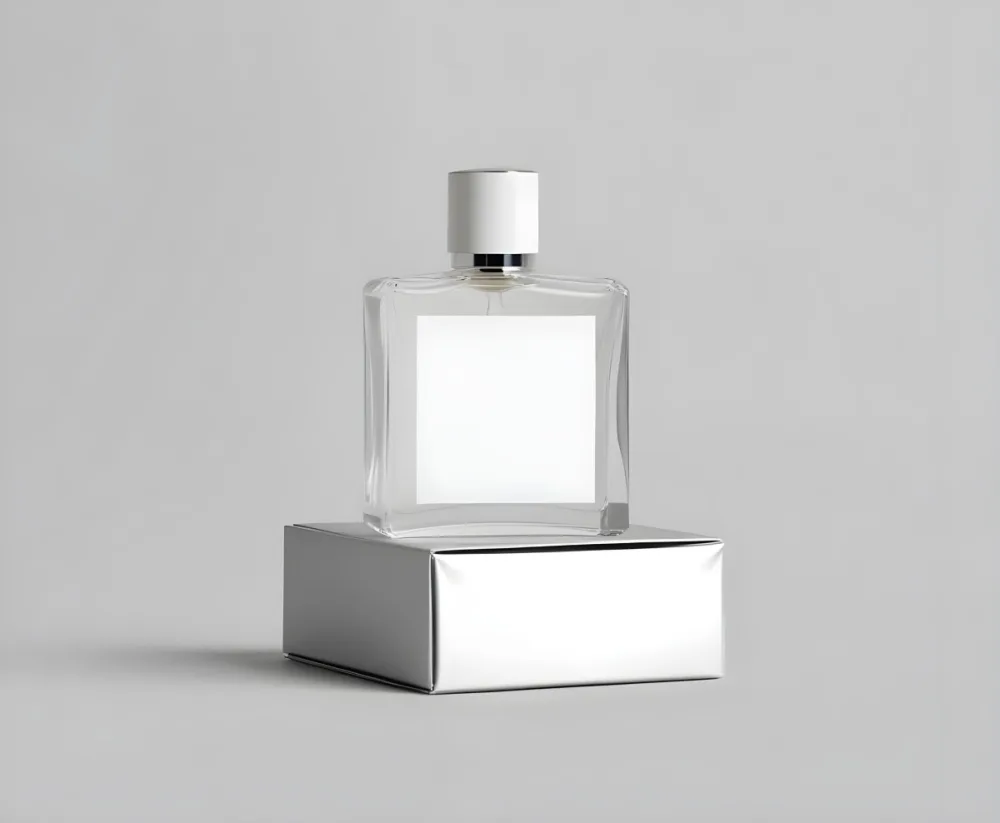 A Perfume Bottle With A White Label On Top Of A White Box Silver Cap Simple Studio Background 25 A253