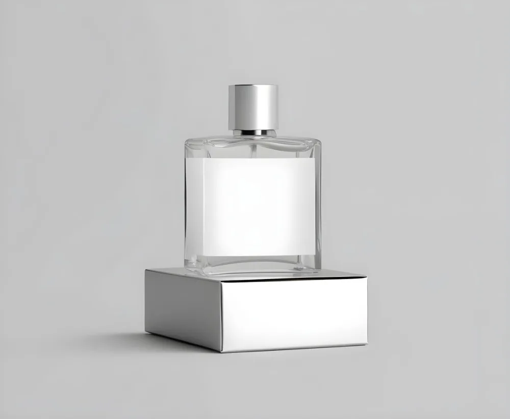 A Perfume Bottle With A White Label On Top Of A White Box Silver Cap Simple Studio Background 28 42df