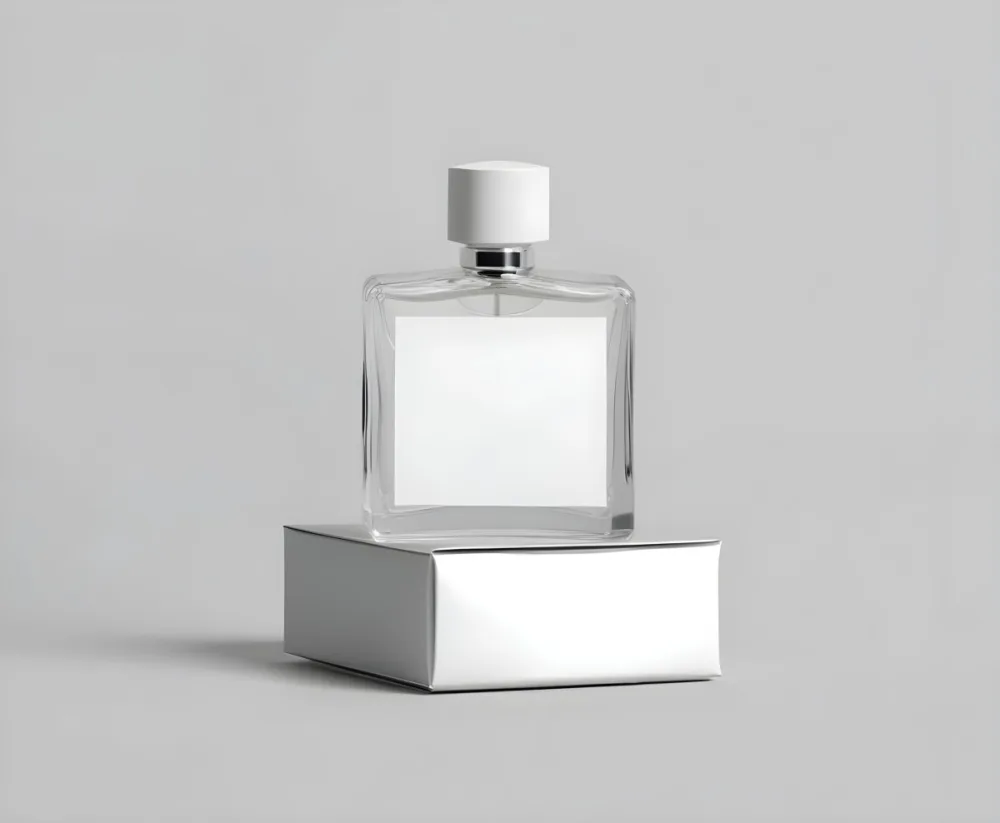 A Perfume Bottle With A White Label On Top Of A White Box Silver Cap Simple Studio Background 34 797a