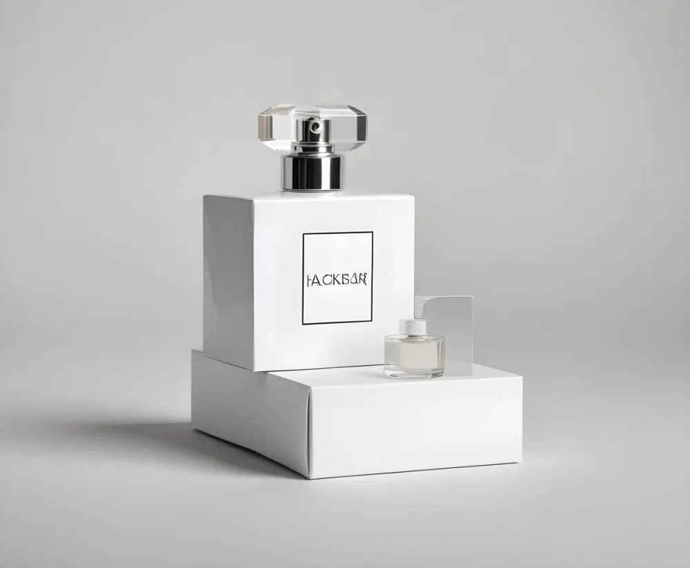 A Perfume Bottle With A White Label On Top Of A White Box Silver Cap Simple Studio Background 9 3269