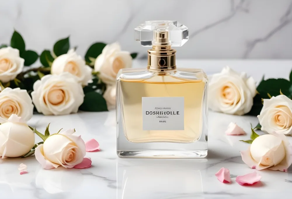 A Perfume Bottle With A White Rose Inside Some Roses And Petals Around It On A White Marble Table With A White Background 24 Ebc3
