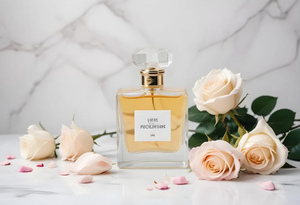 A Perfume Bottle With A White Rose Inside Some Roses And Petals Around It On A White Marble Table With A White Background 31 E633