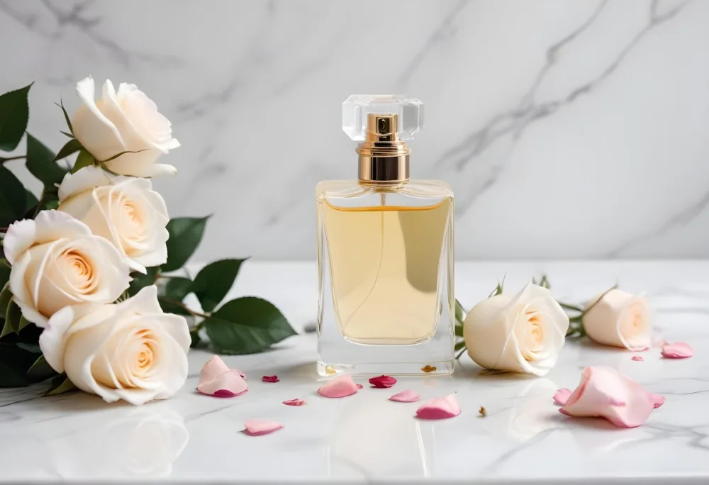 A Perfume Bottle With A White Rose Inside Some Roses And Petals Around It On A White Marble Table With A White Background 5 C8c9