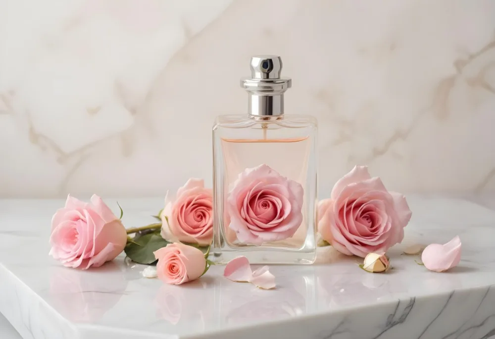 A Perfume Bottle With A White Rose Inside Some Roses And Petals Around It On A White Marble Table With A White Background 7 6bfa