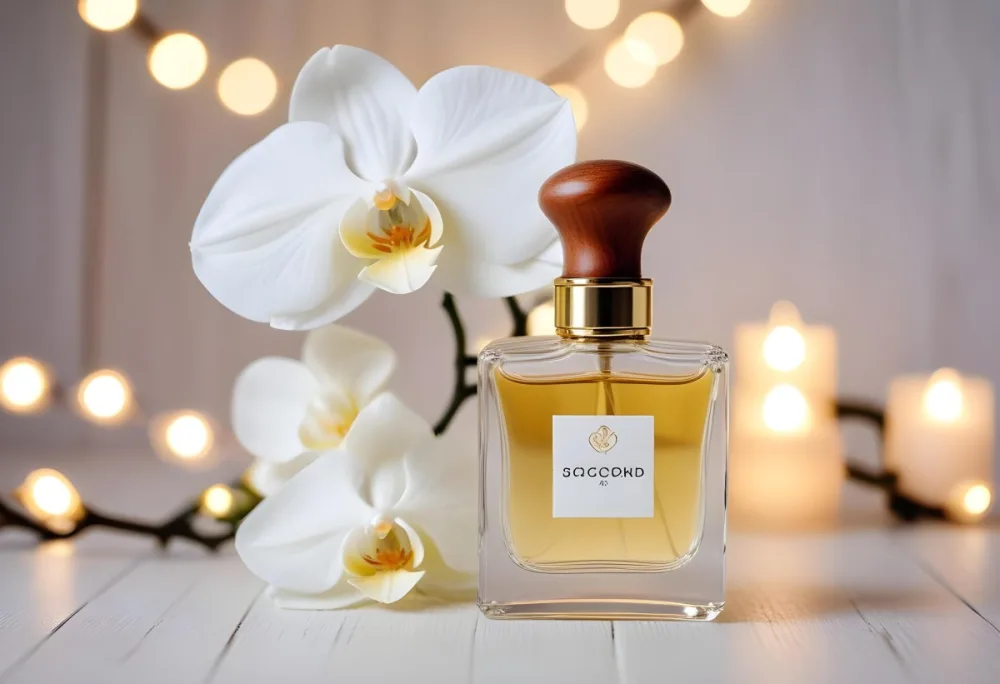 A Perfume Bottle With A Wooden Cap And A White Orchid On A White Wooden Surface With Bokeh Lights In The Background 13 A83f