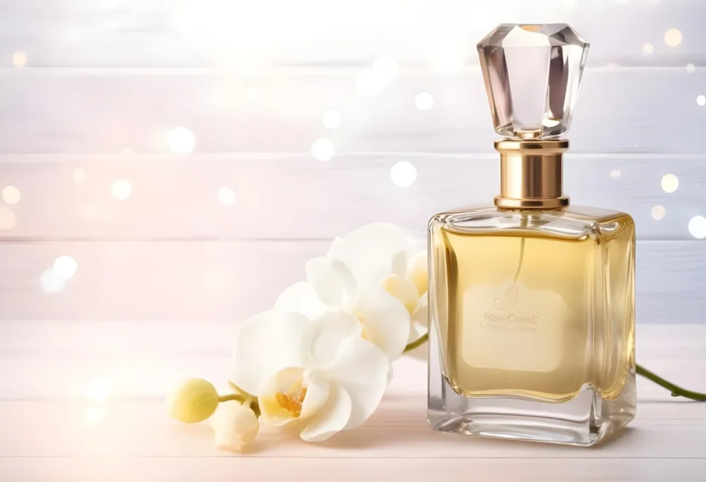 A Perfume Bottle With A Wooden Cap And A White Orchid On A White Wooden Surface With Bokeh Lights In The Background 14 Cb95