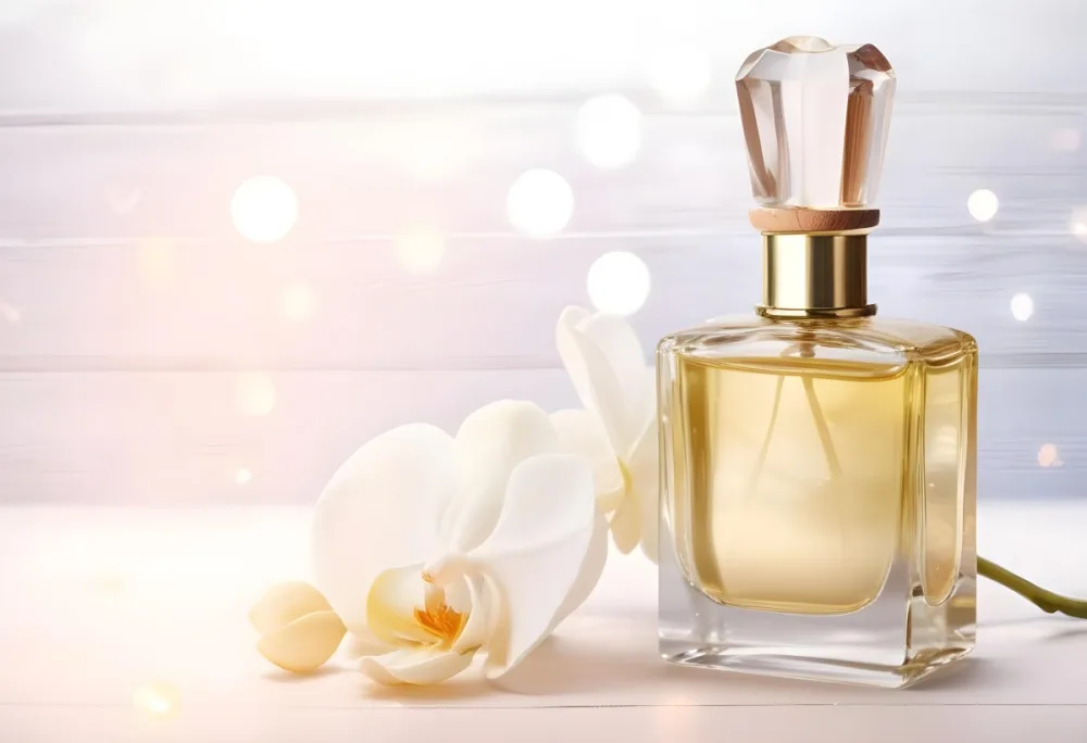 A Perfume Bottle With A Wooden Cap And A White Orchid On A White Wooden Surface With Bokeh Lights In The Background 2 Cf0f